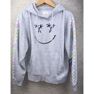 Reflex Women’s Large Gray Smile Hoodie Colorful Checkerboard Sleeves